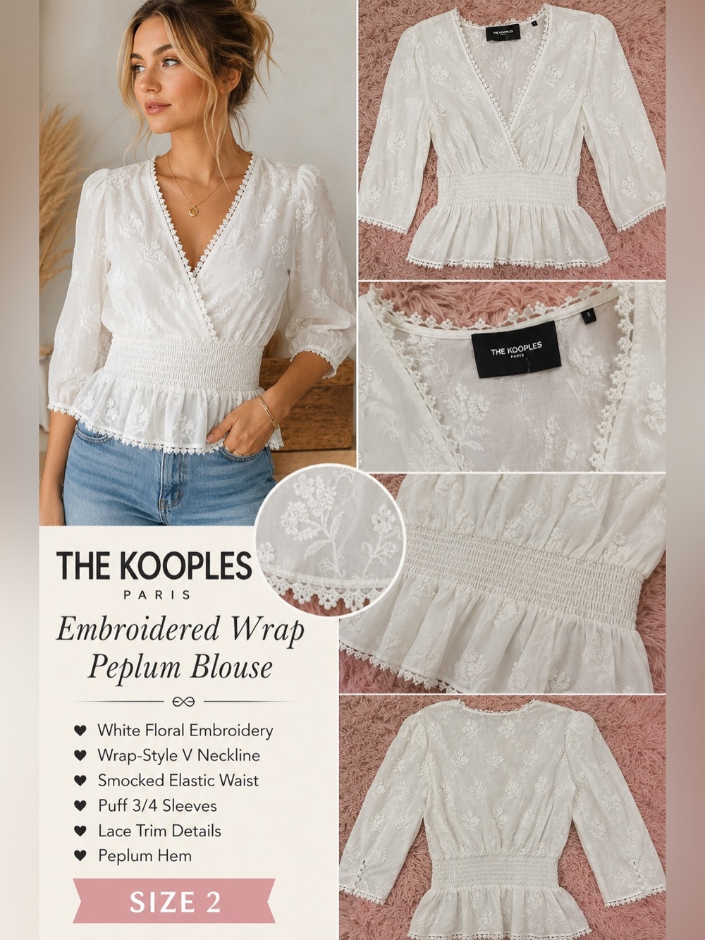 The Kooples White Embroidered Wrap Peplum Blouse Size 2 Lace Trim - Picture 1 of 6
